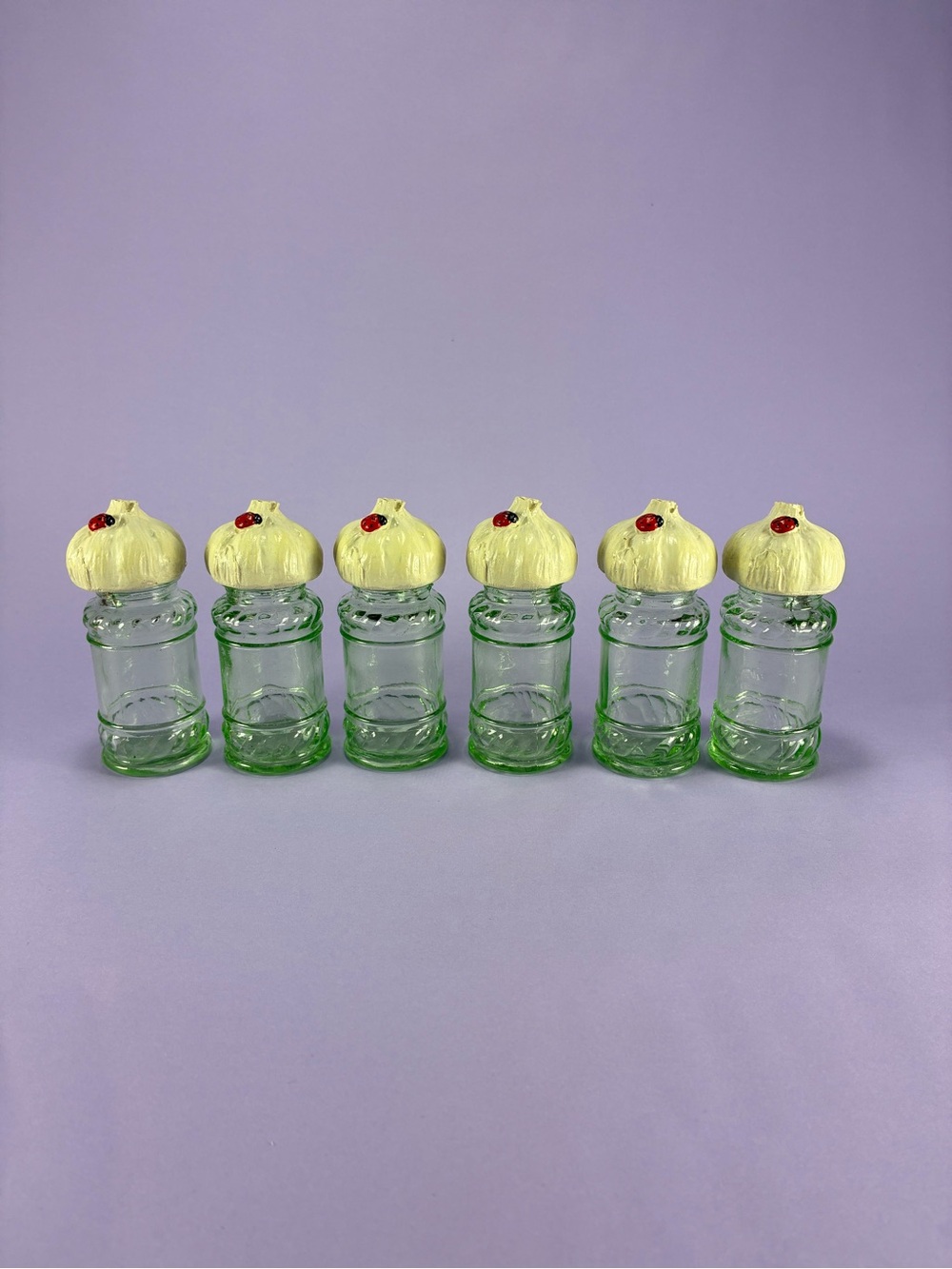 Vintage Topfirm Green Glass Spice Jars Resin Garlic Ladybug French Labels Rack